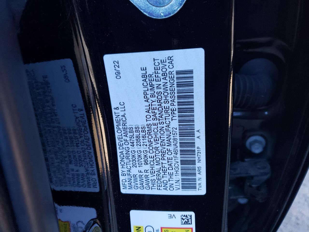 2022 HONDA ACCORD SPORT SE VIN:1HGCV1F46NA081572
