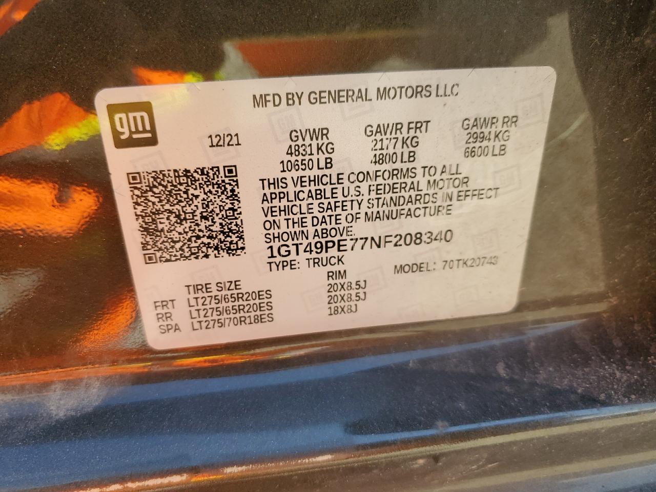 2022 GMC SIERRA K2500 AT4 VIN:1GT49PE77NF208340
