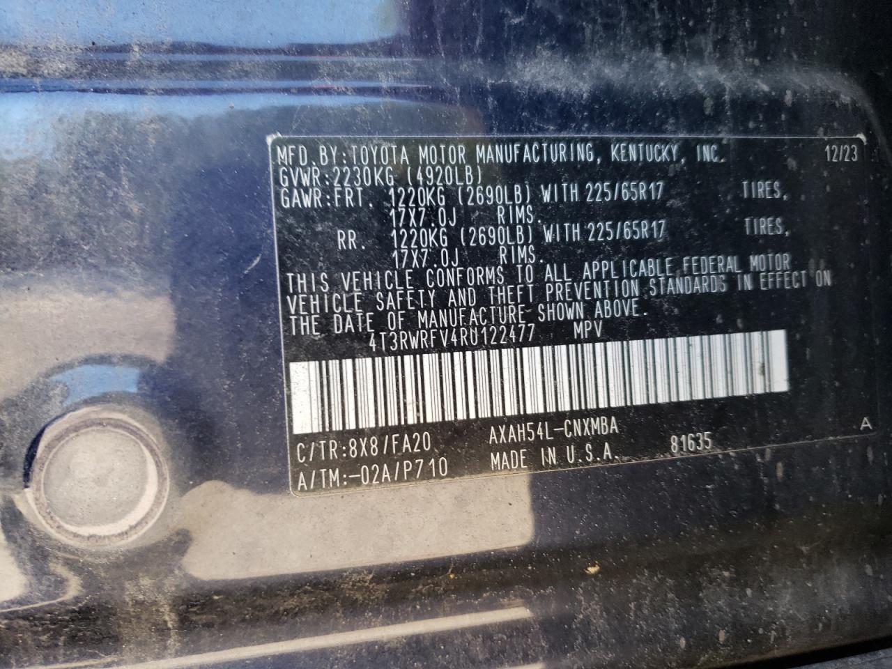 2024 TOYOTA RAV4 XLE VIN:4T3RWRFV4RU122477