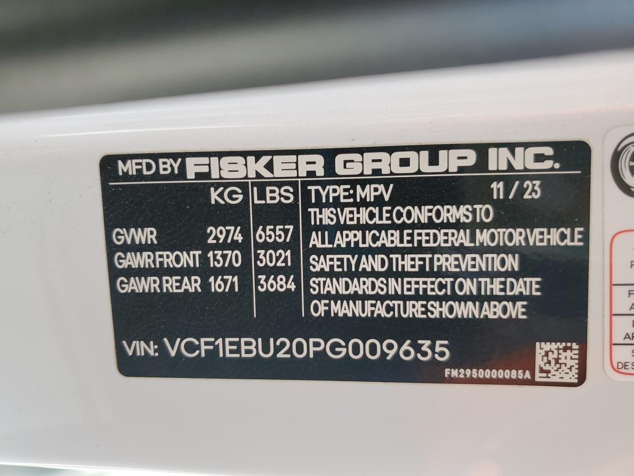 2023 FISKER INC. OCEAN EXTREME VIN:VCF1EBU20PG009635