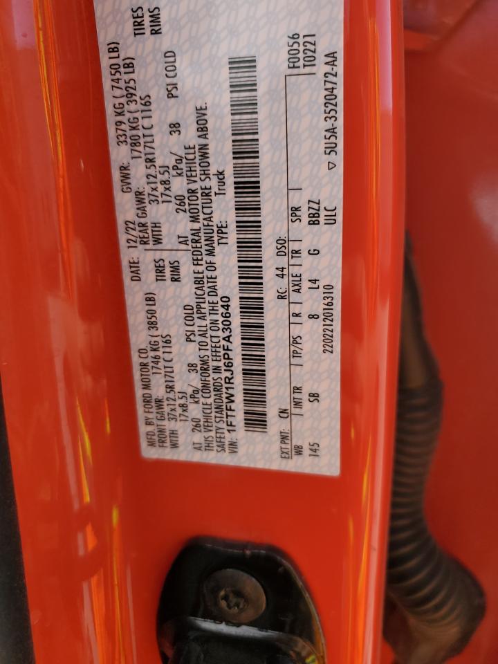 2023 FORD F150 RAPTOR VIN:1FTFW1RJ6PFA30640