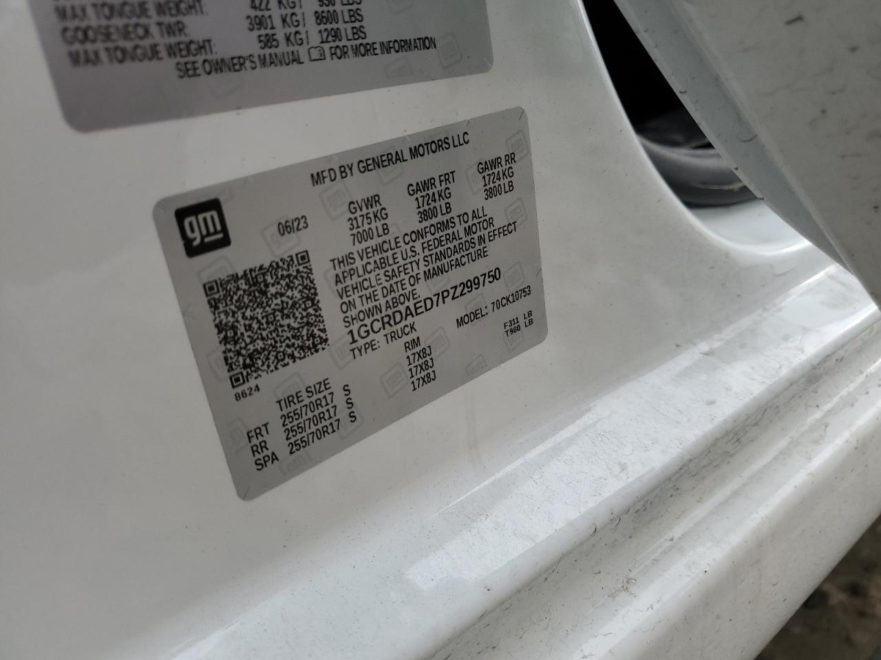 2023 CHEVROLET SILVERADO K1500 VIN:1GCRDAED7PZ299750