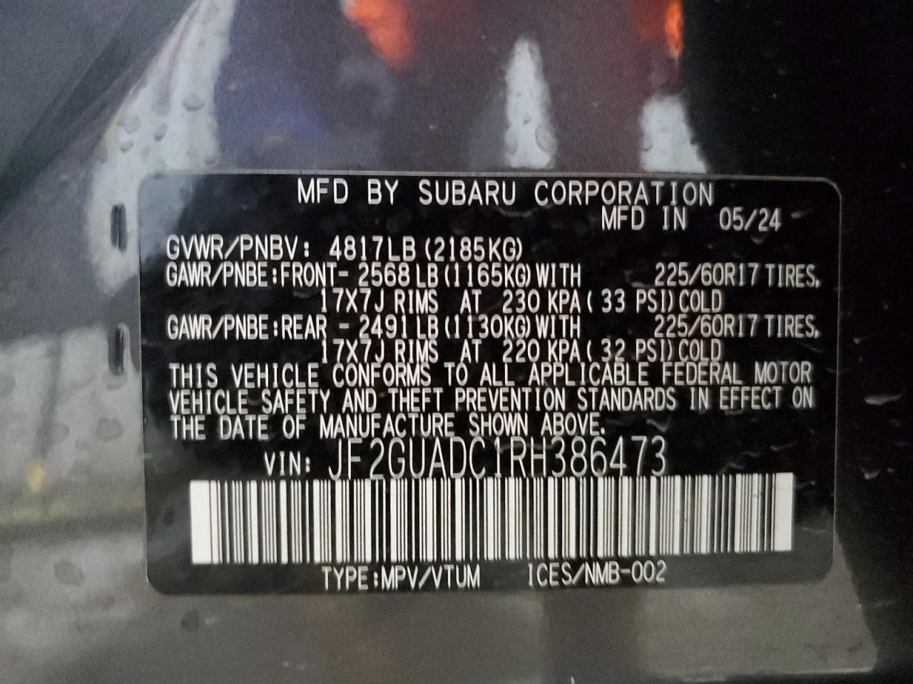 2024 SUBARU CROSSTREK PREMIUM VIN:JF2GUADC1RH386473