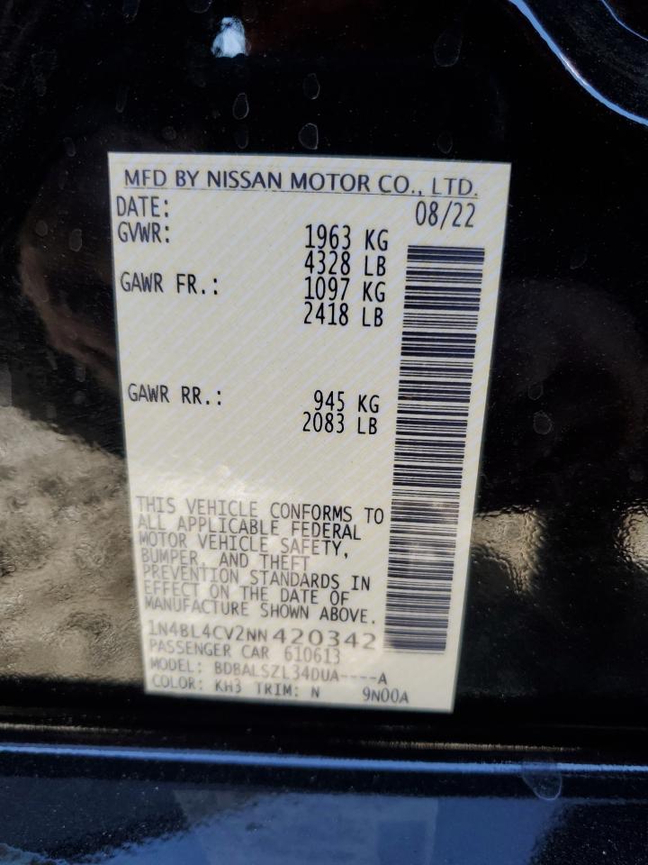 2022 NISSAN ALTIMA SR VIN:1N4BL4CV2NN420342