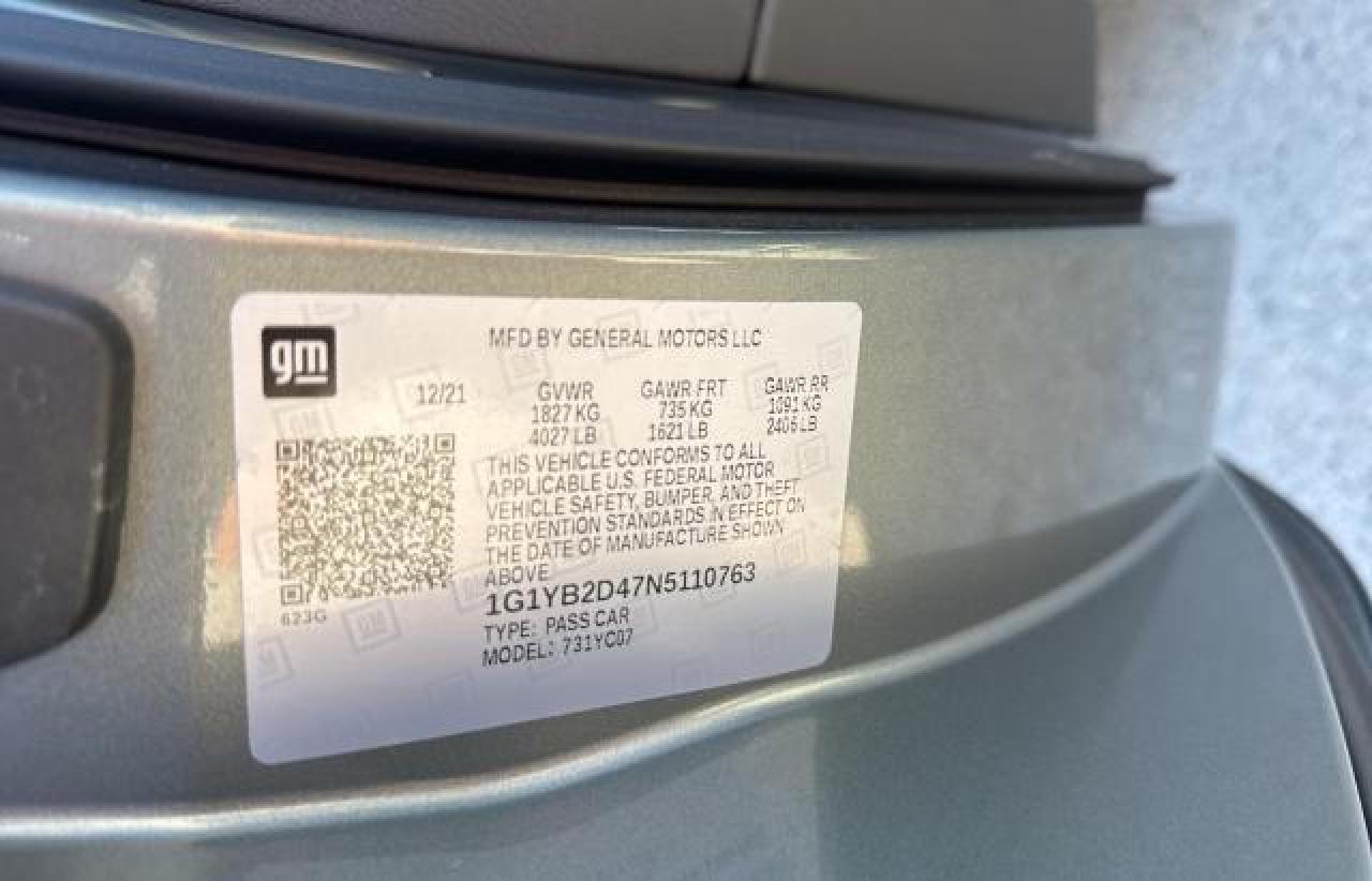 2022 CHEVROLET CORVETTE STINGRAY 2LT VIN:1G1YB2D47N5110763