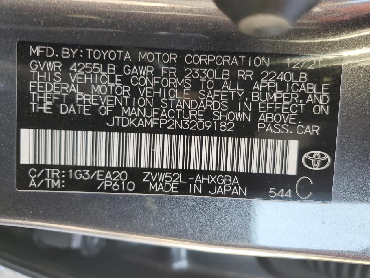 2022 TOYOTA PRIUS PRIME LE VIN:JTDKAMFP2N3209182