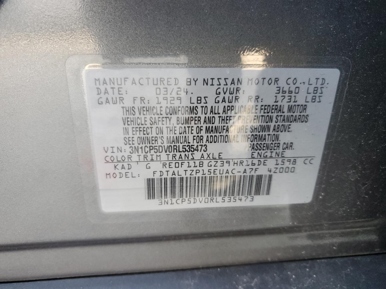 2024 NISSAN KICKS SR VIN:3N1CP5DV0RL535473