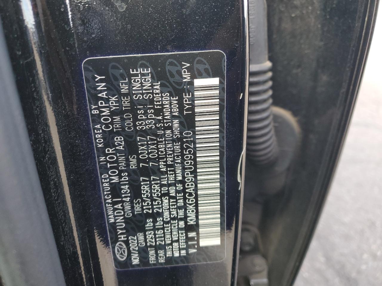 2023 HYUNDAI KONA SEL VIN:KM8K6CAB9PU995210