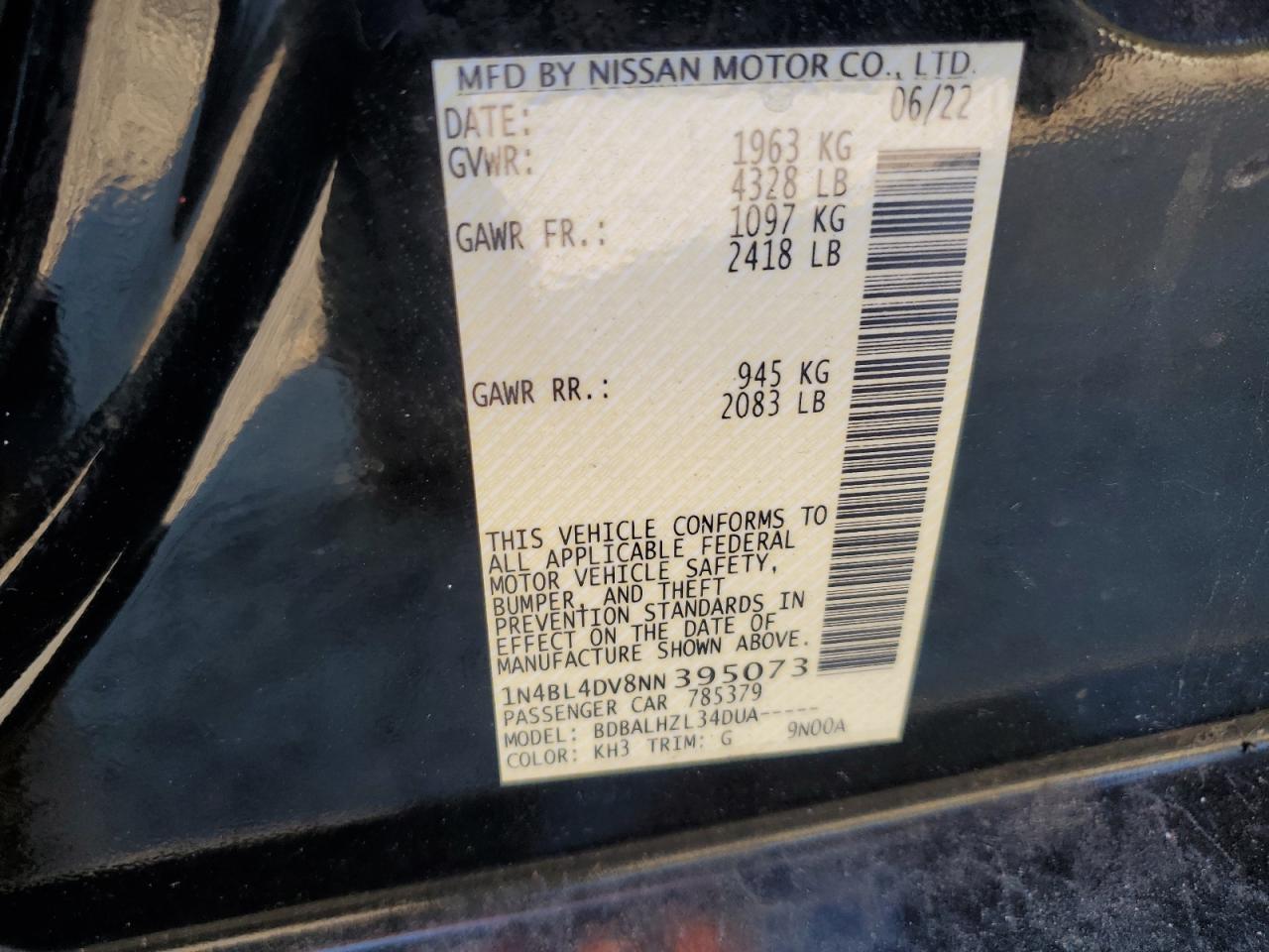 2022 NISSAN ALTIMA SV VIN:1N4BL4DV8NN395073