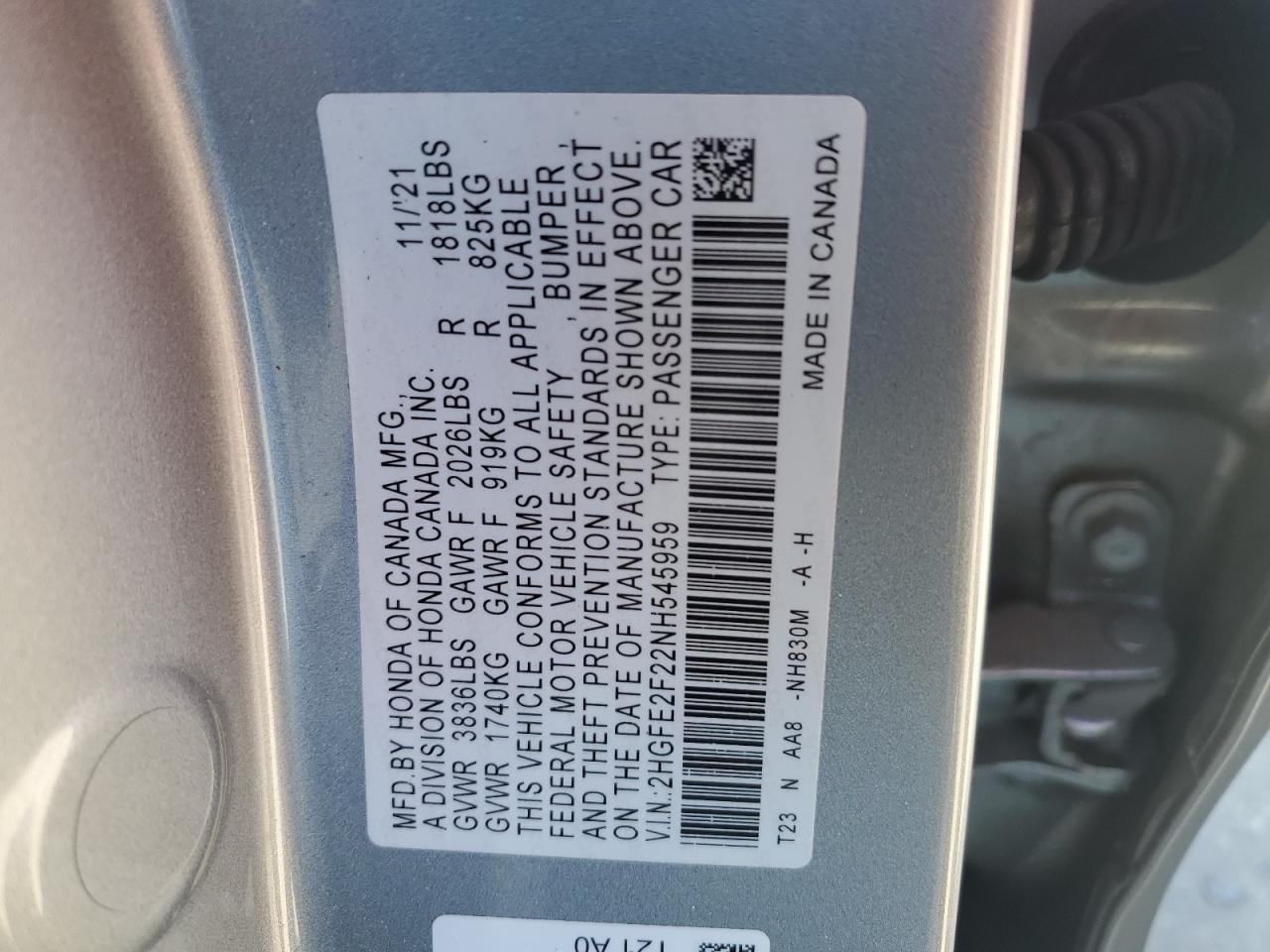 2022 HONDA CIVIC LX VIN:2HGFE2F22NH545959