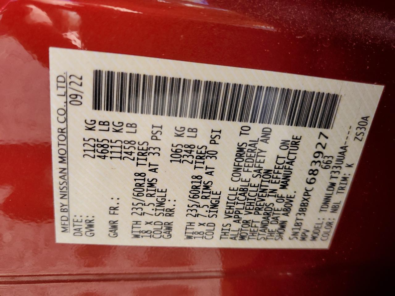 2023 NISSAN ROGUE SV VIN:5N1BT3BBXPC683927