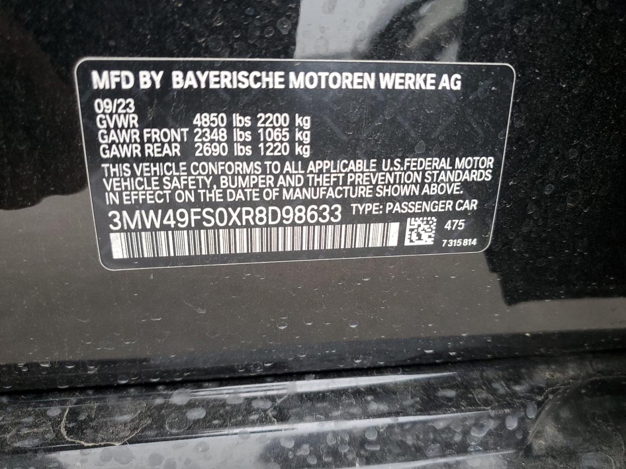 2024 BMW M340I  VIN:3MW49FS0XR8D98633