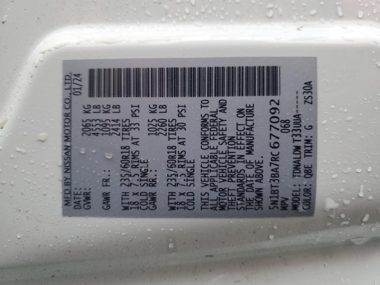 2024 NISSAN ROGUE SV VIN:5N1BT3BA7RC677092