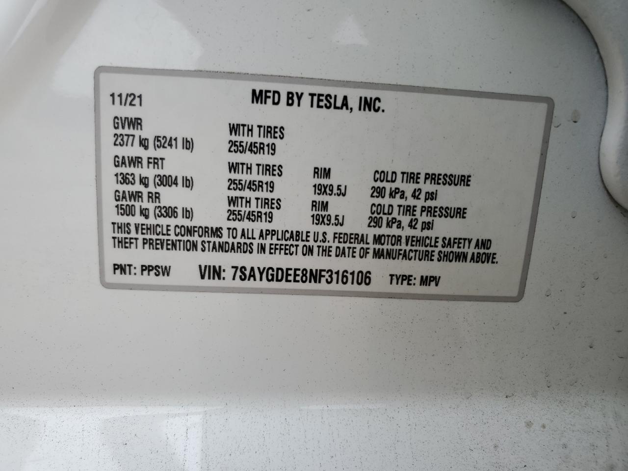2022 TESLA MODEL Y  VIN:7SAYGDEE8NF316106