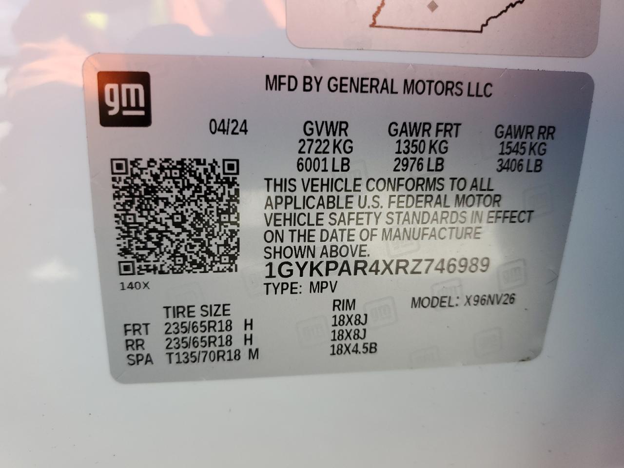 2024 CADILLAC XT6 LUXURY VIN:1GYKPAR4XRZ746989
