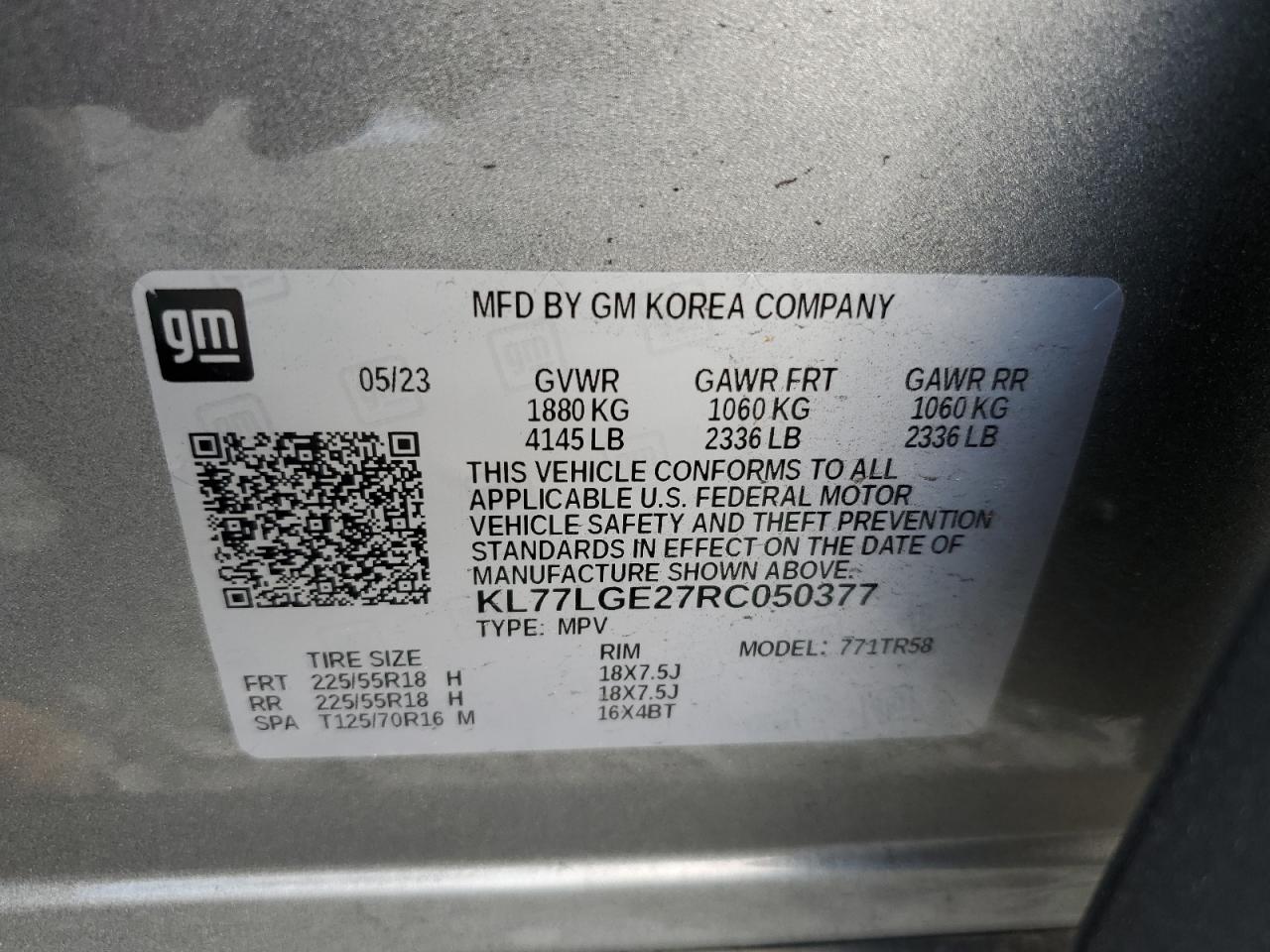 2024 CHEVROLET TRAX 1RS VIN:KL77LGE27RC050377