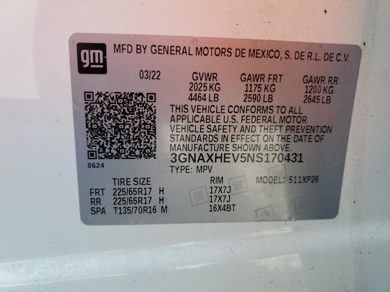 2022 CHEVROLET EQUINOX LS VIN:3GNAXHEV5NS170431