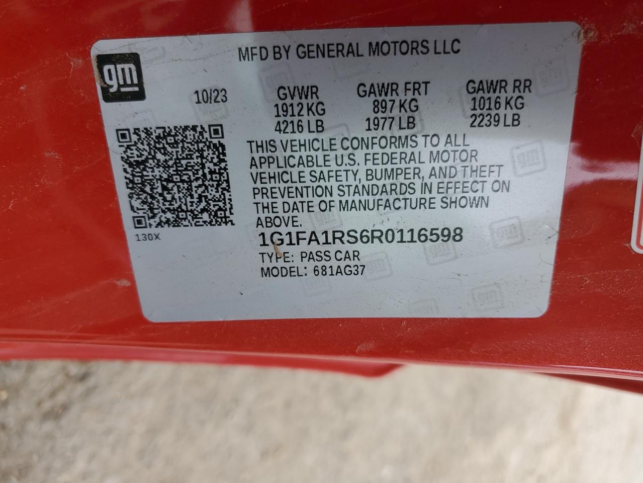 2024 CHEVROLET CAMARO LS VIN:1G1FA1RS6R0116598