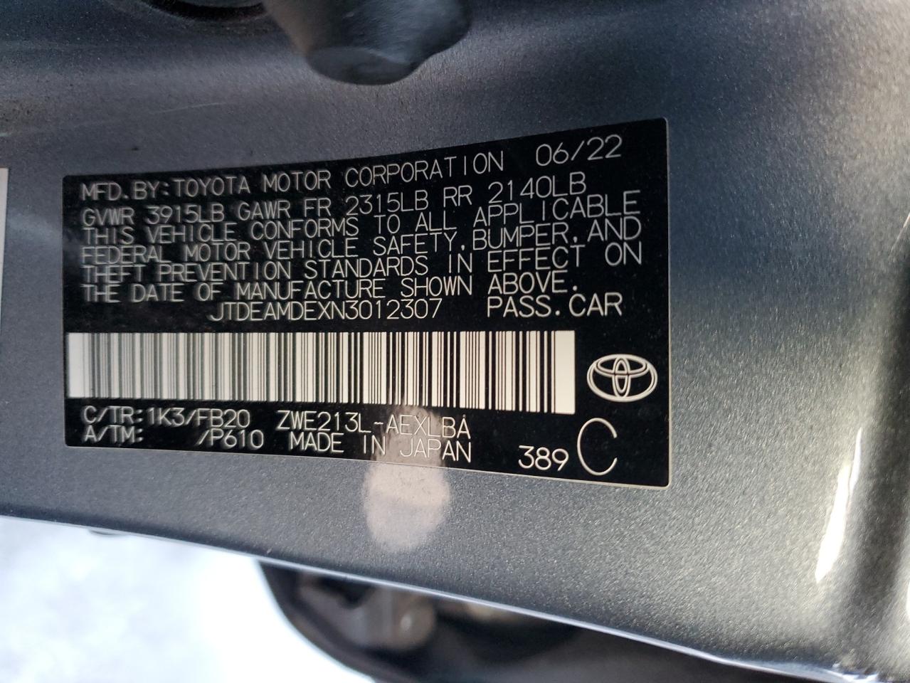 2022 TOYOTA COROLLA LE VIN:JTDEAMDEXN3012307