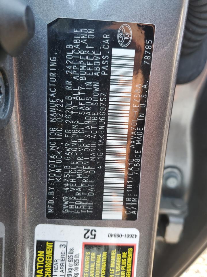 2022 TOYOTA CAMRY SE VIN:4T1G11AK6NU669757