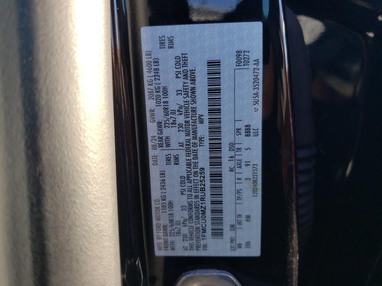 2024 FORD ESCAPE ST LINE VIN:1FMCU0MZ1RUB25259