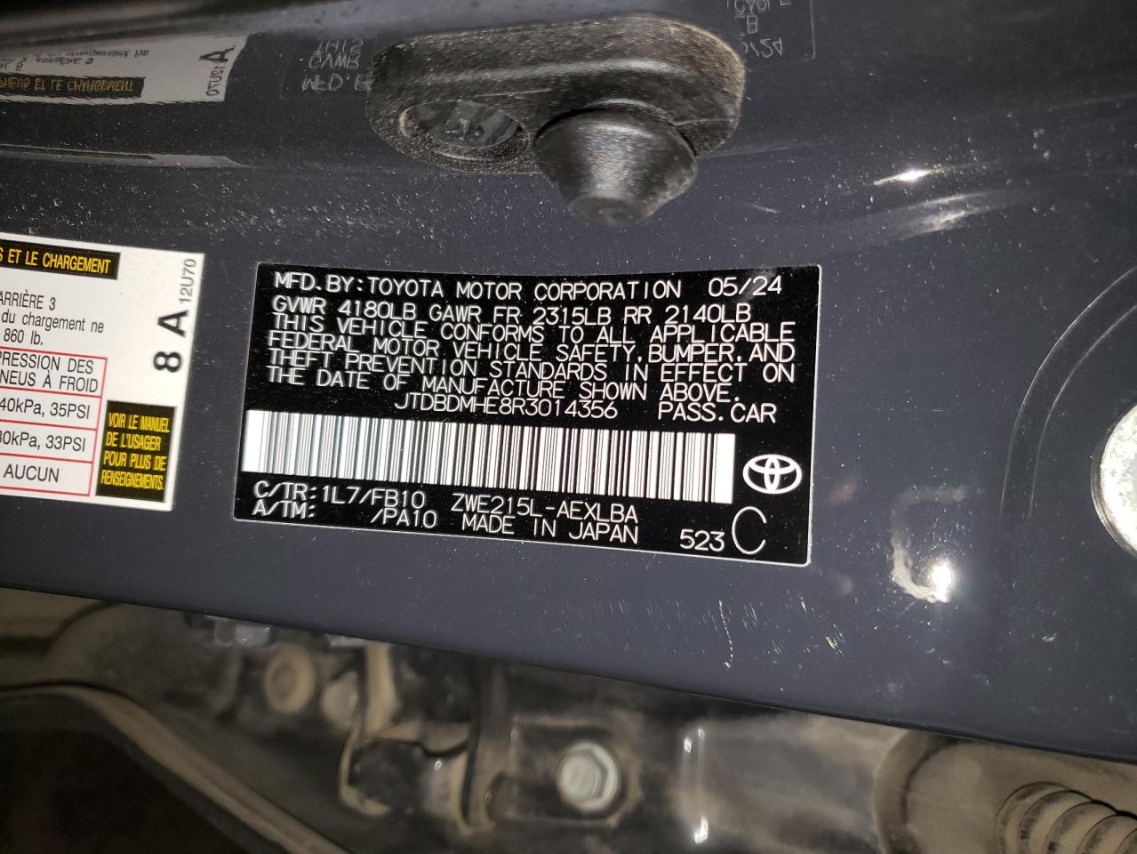 2024 TOYOTA COROLLA LE VIN:JTDBDMHE8R3014356
