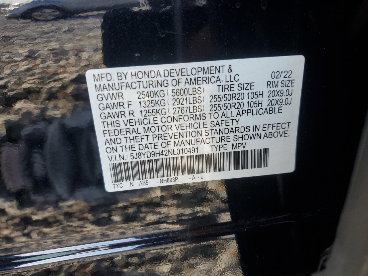 2022 ACURA MDX TECHNOLOGY VIN:5J8YD9H42NL010491