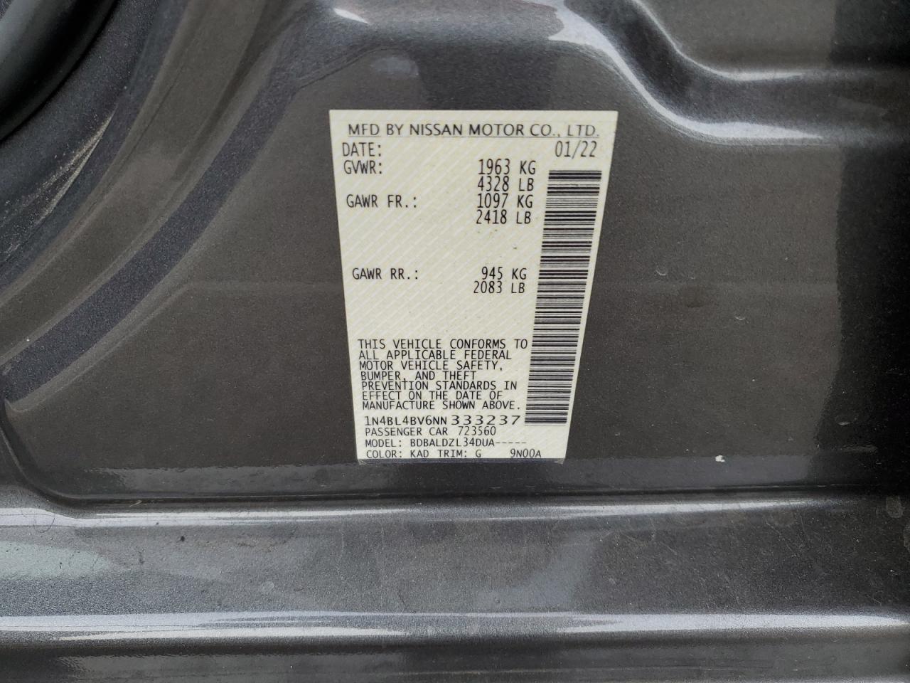 2022 NISSAN ALTIMA S VIN:1N4BL4BV6NN333237