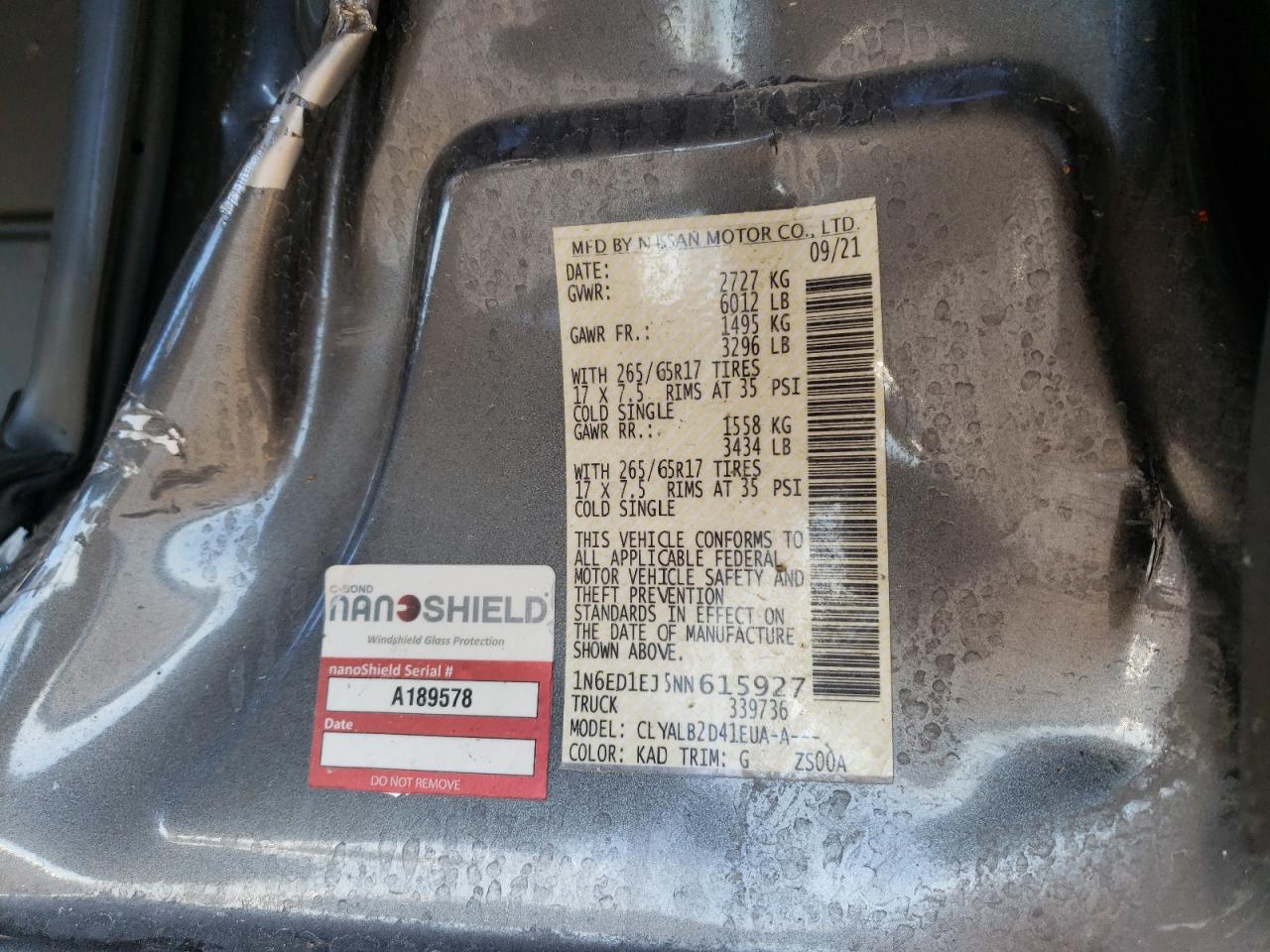 2022 NISSAN FRONTIER S VIN:1GKKRNED3CJ422368