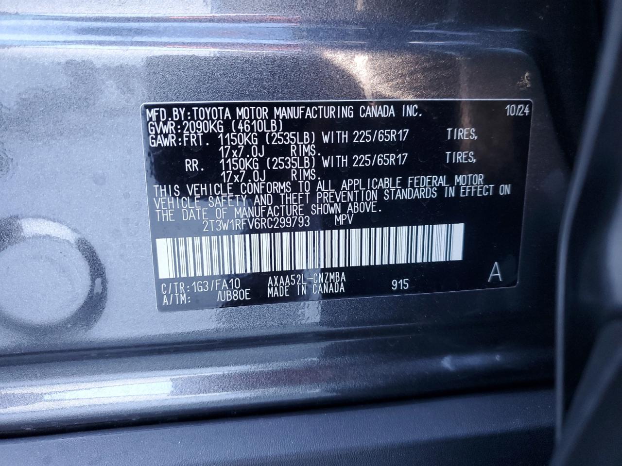 2024 TOYOTA RAV4 XLE VIN:2T3W1RFV6RC299793