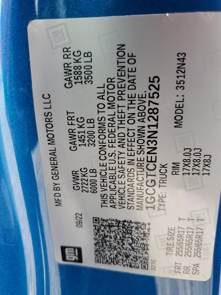 2022 CHEVROLET COLORADO LT VIN:1GCGTCEN3N1287525