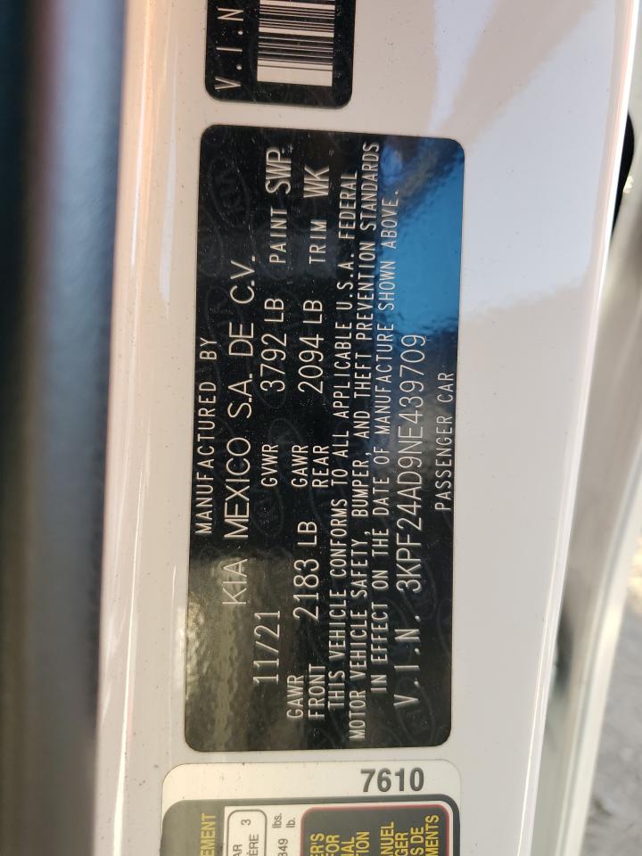 2022 KIA FORTE FE VIN:3KPF24AD9NE439709