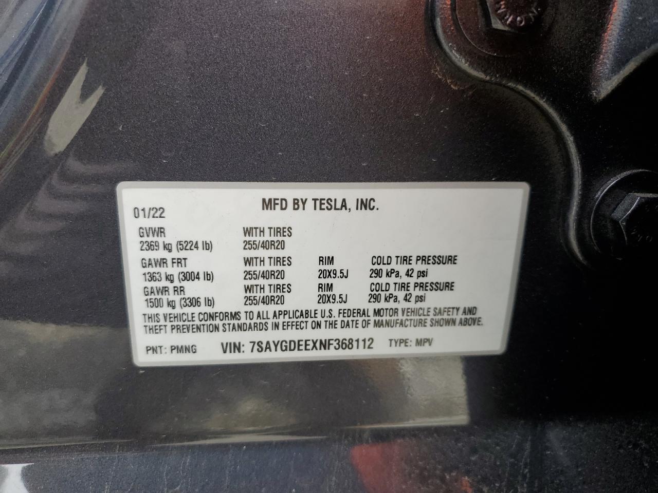 2022 TESLA MODEL Y  VIN:7SAYGDEEXNF368112