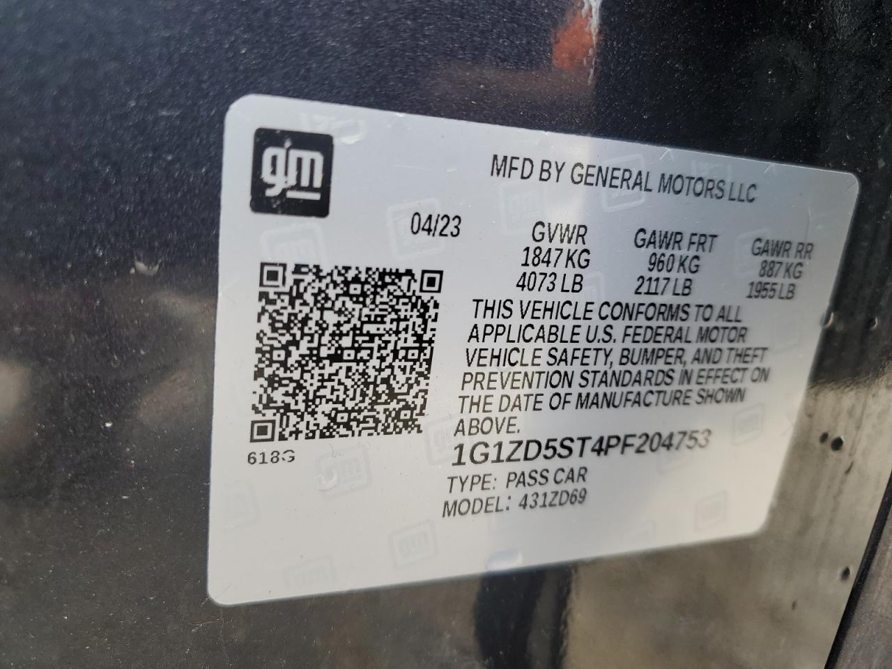 2023 CHEVROLET MALIBU LT VIN:1G1ZD5ST4PF204753