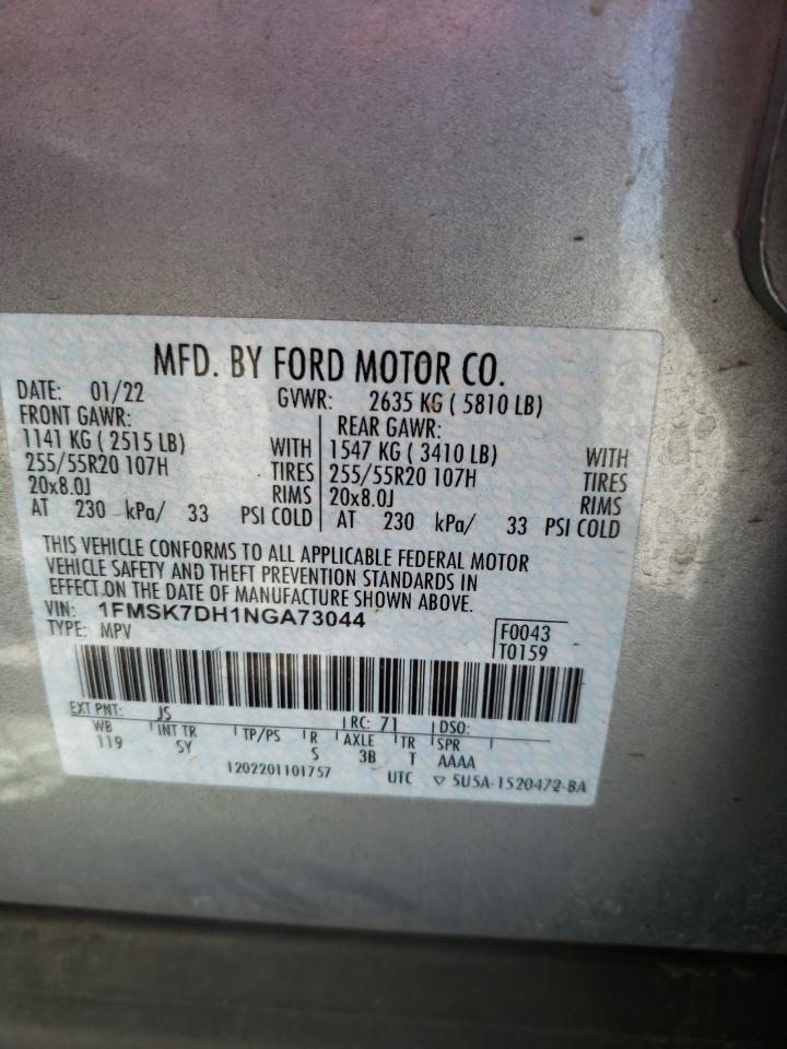 2022 FORD EXPLORER XLT VIN:1FMSK7DH1NGA73044
