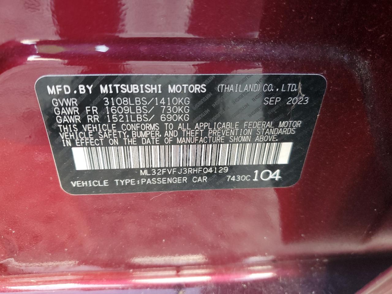 2024 MITSUBISHI MIRAGE G4 SE VIN:ML32FVFJ3RHF04129