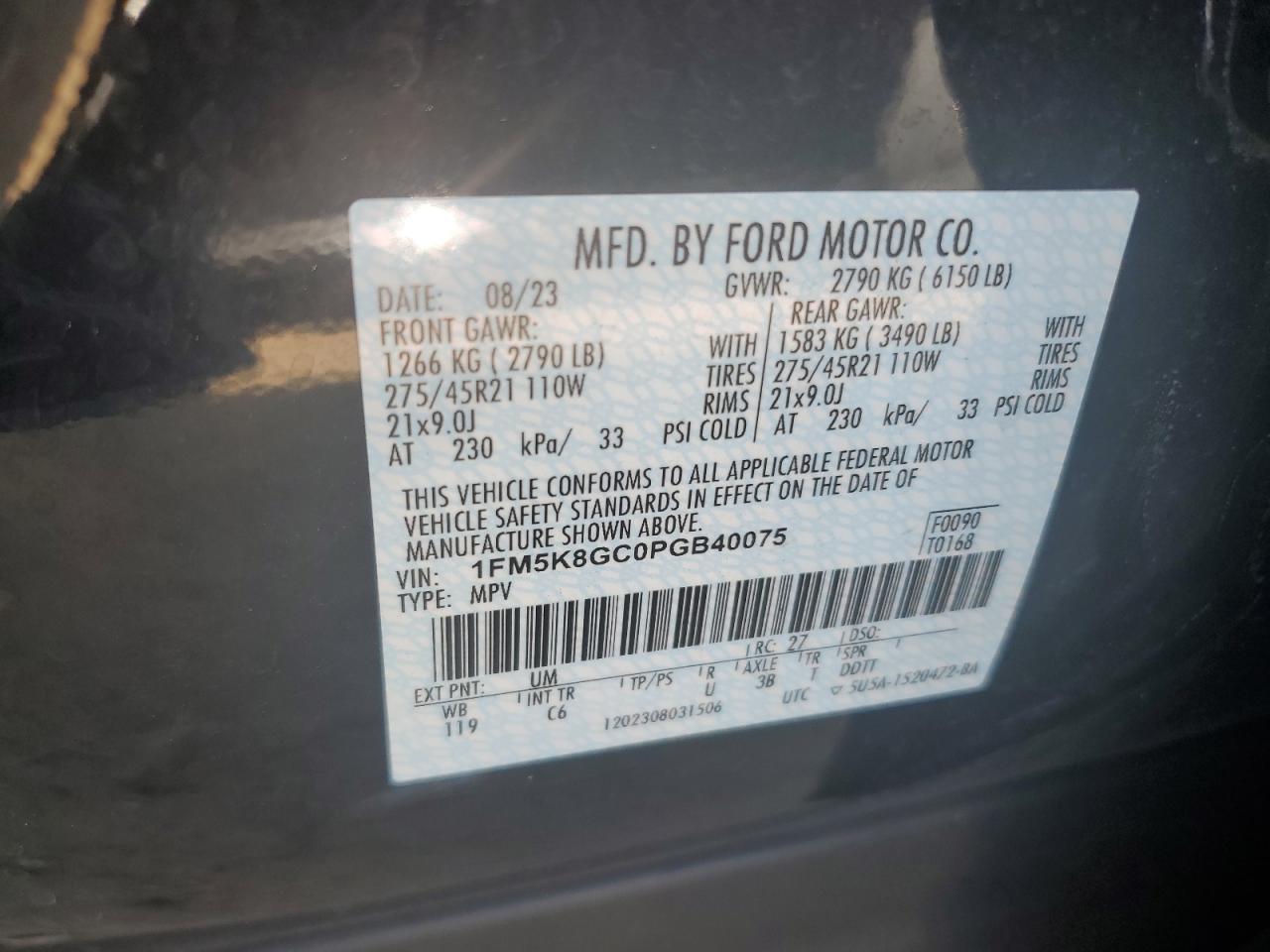 2023 FORD EXPLORER ST VIN:1FM5K8GC0PGB40075