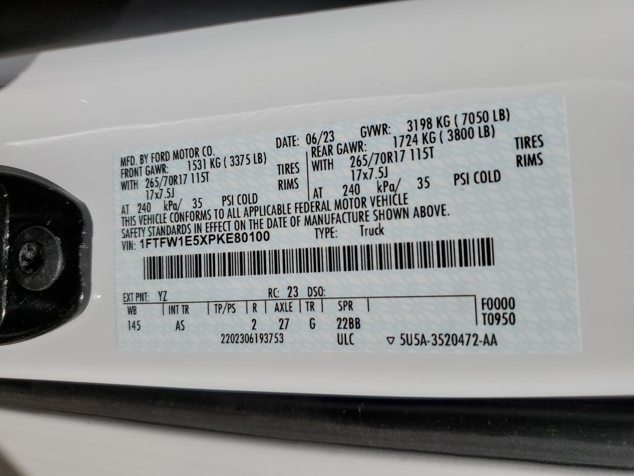 2023 FORD F150 SUPERCREW VIN:1FTFW1E5XPKE80100