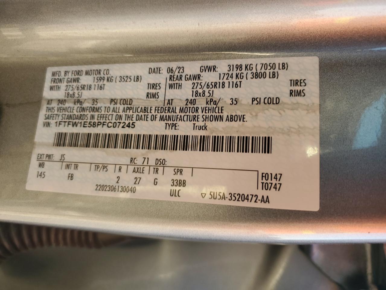 2023 FORD F150 SUPERCREW VIN:1FTFW1E58PFC07245