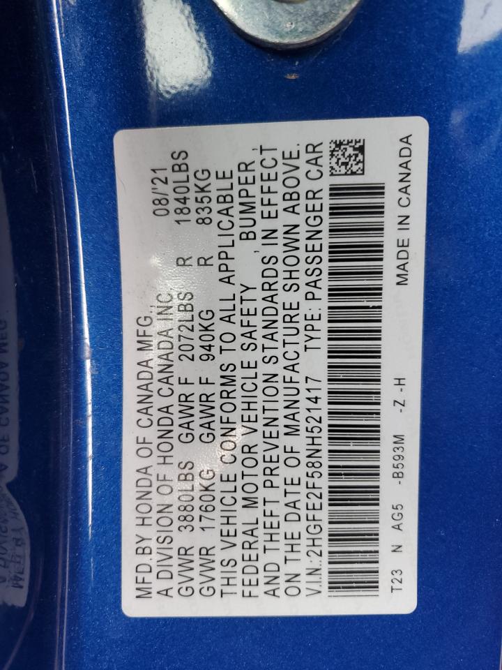 2022 HONDA CIVIC SPORT VIN:2HGFE2F58NH521417