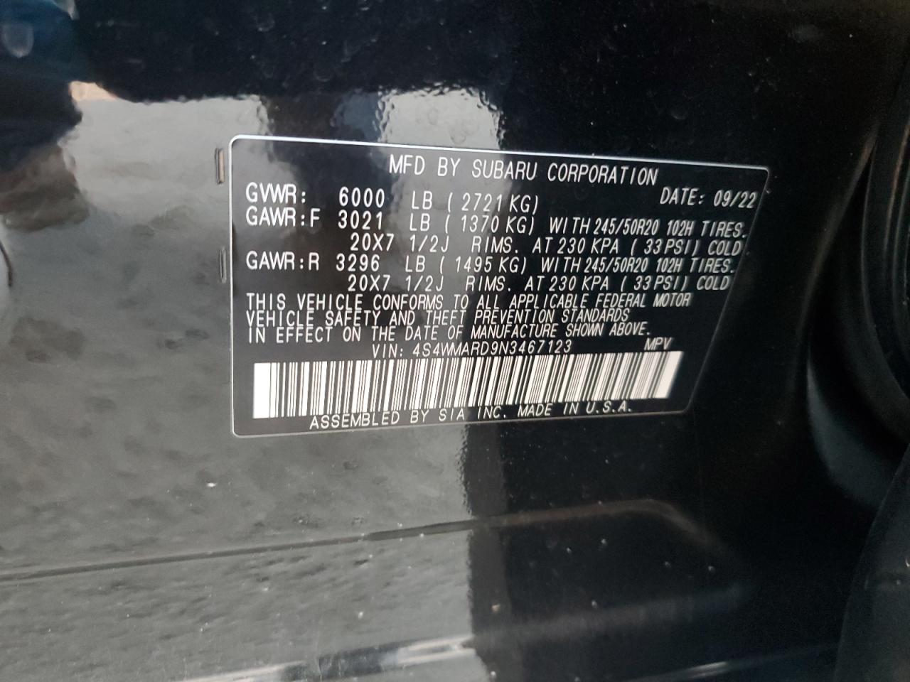 2022 SUBARU ASCENT TOURING VIN:4S4WMARD9N3467123