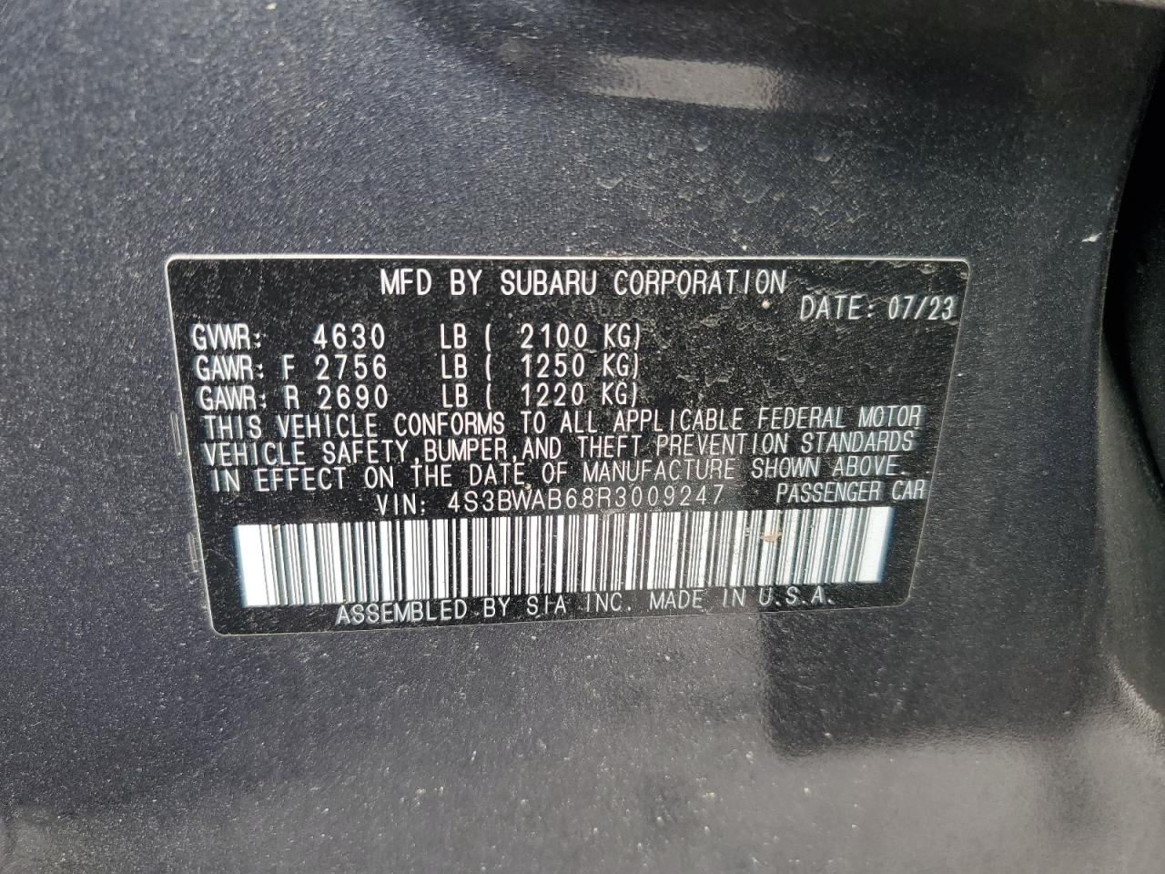 2024 SUBARU LEGACY VIN:4S3BWAB68R3009247