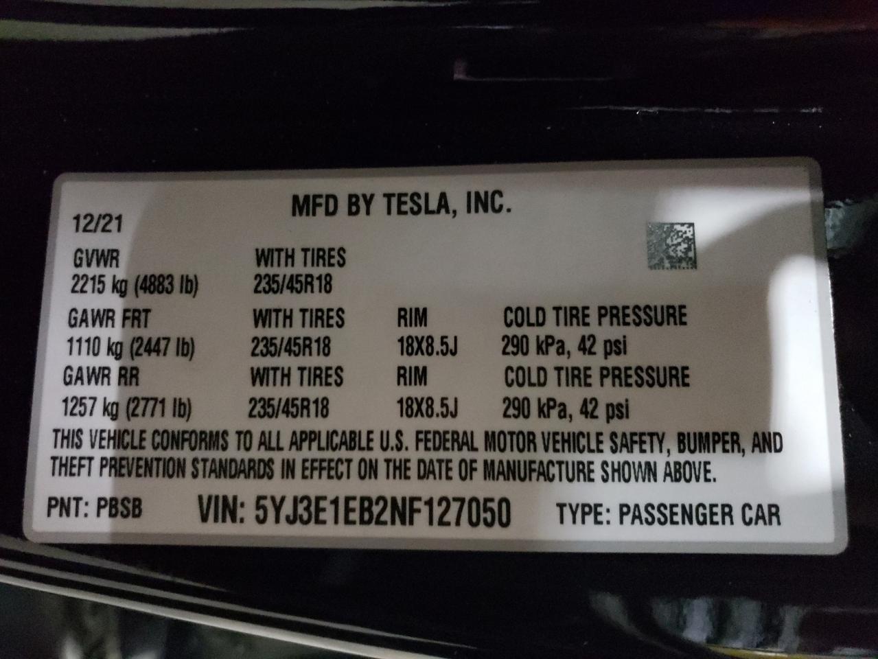 2022 TESLA MODEL 3  VIN:5YJ3E1EB2NF127050