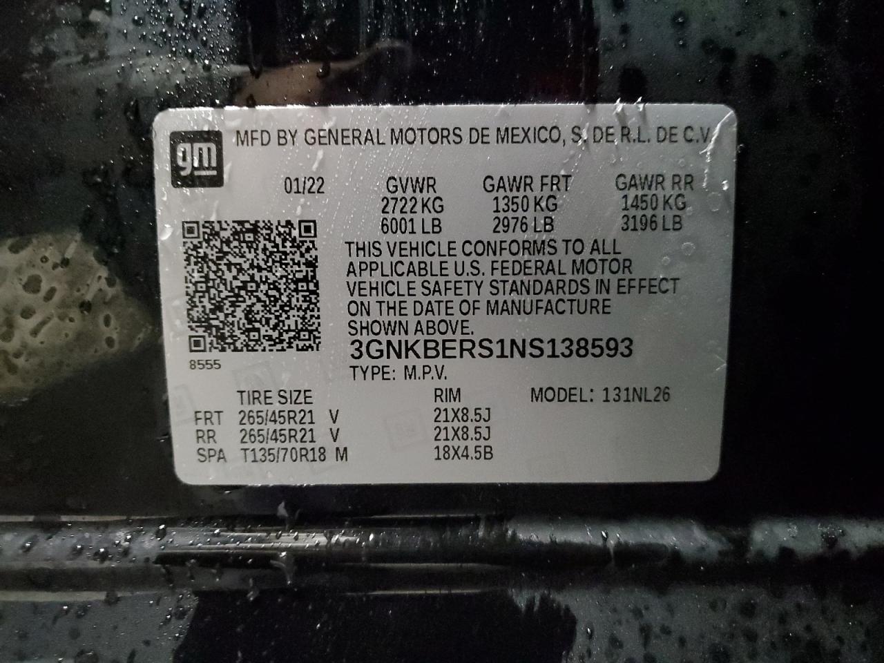 2022 CHEVROLET BLAZER RS VIN:3GNKBERS1NS138593