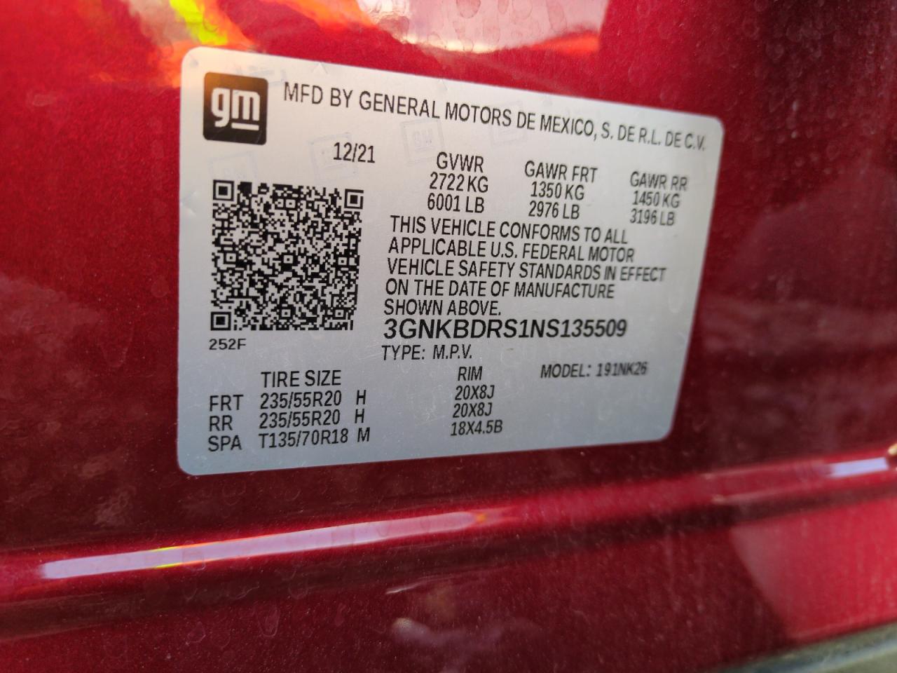 2022 CHEVROLET BLAZER 3LT VIN:3GNKBDRS1NS135509