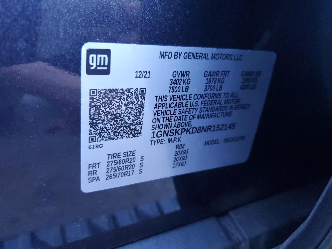 2022 CHEVROLET TAHOE K1500 Z71 VIN:1GNSKPKD8NR152145