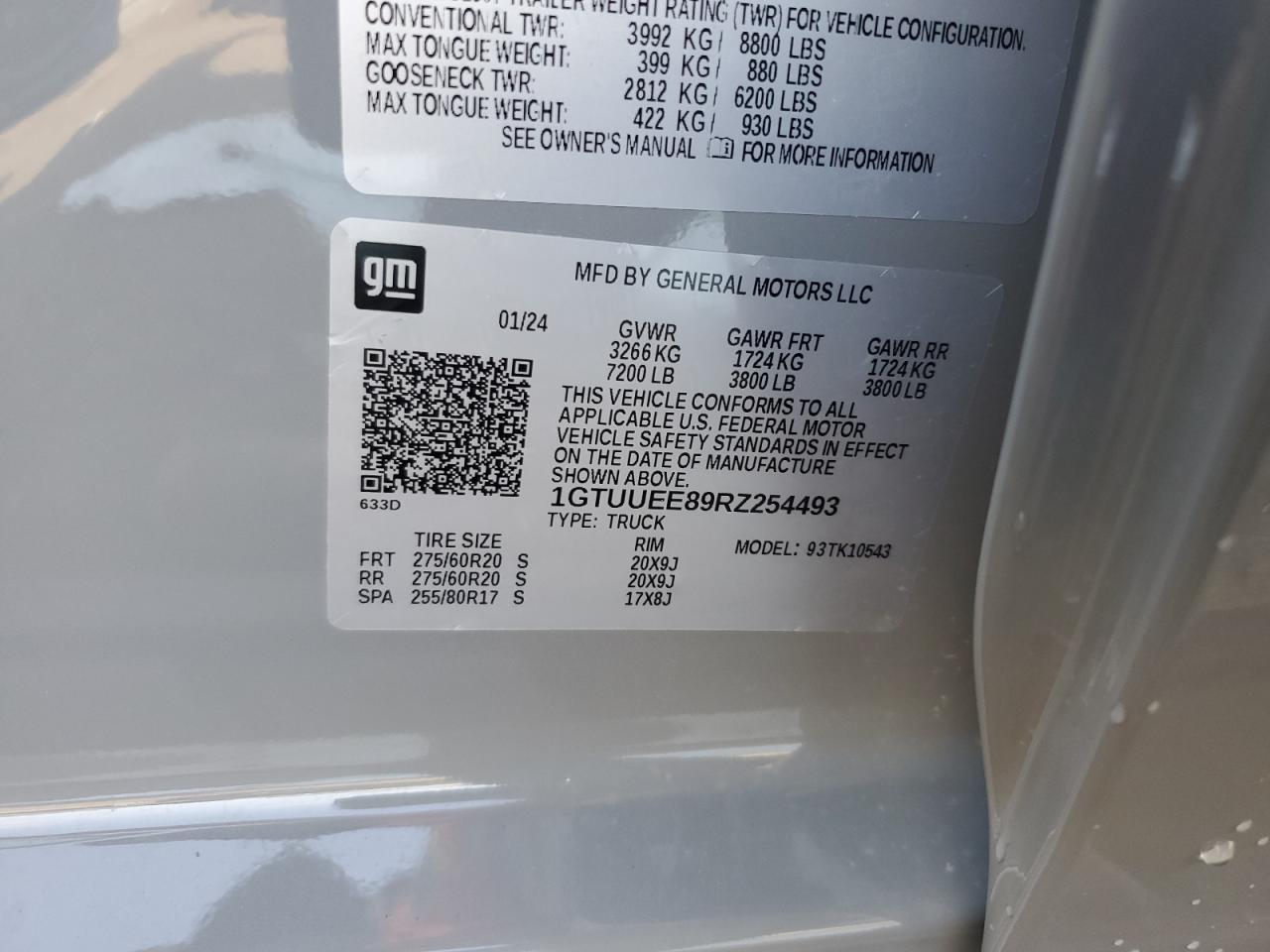 2024 GMC SIERRA K1500 AT4 VIN:1GTUUEE89RZ254493