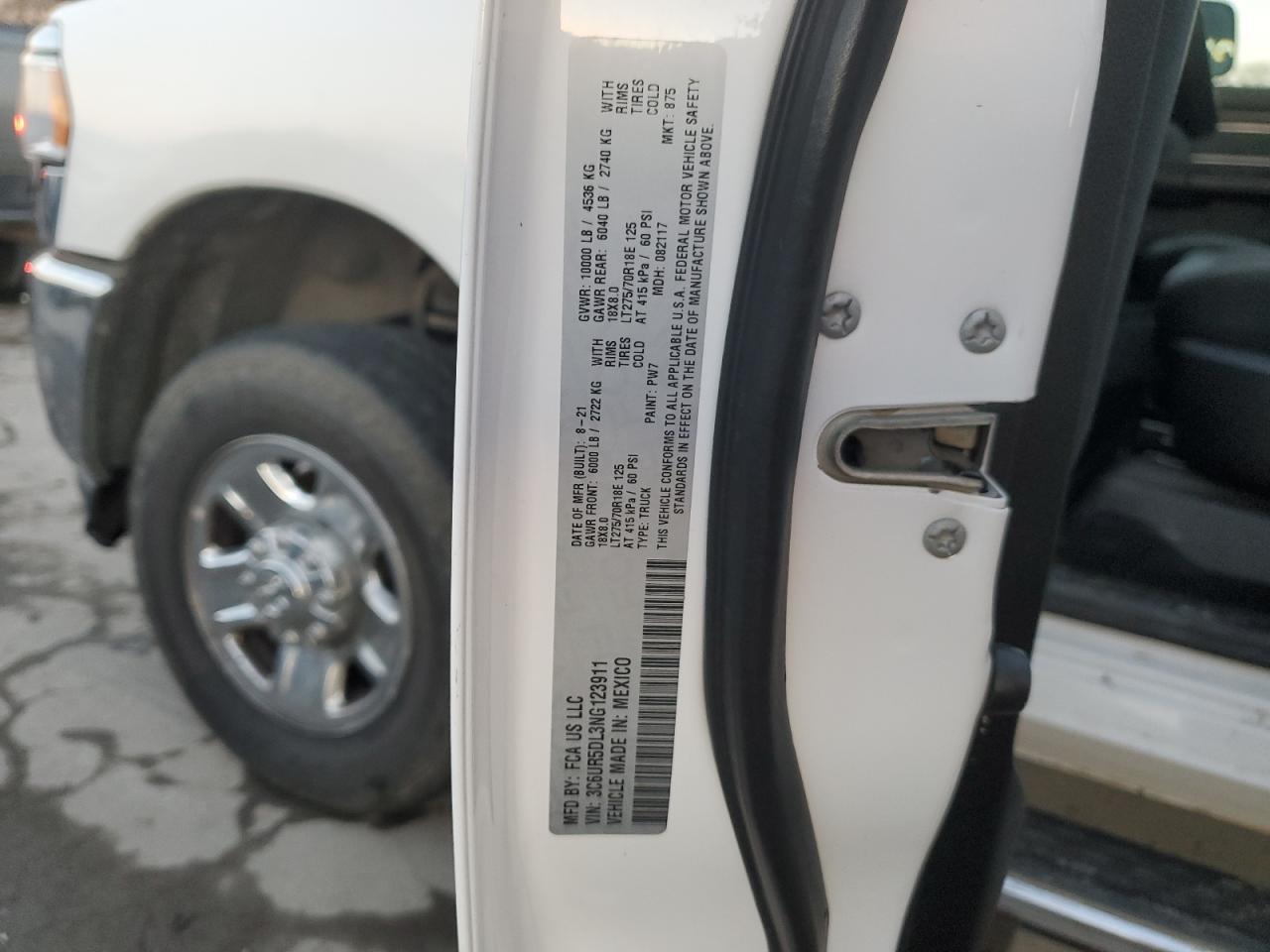 2022 RAM 2500 BIG HORN/LONE STAR VIN:3C6UR5DL3NG123911