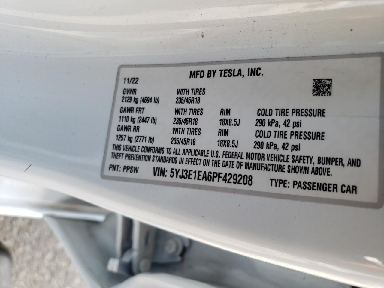 2023 TESLA MODEL 3  VIN:5YJ3E1EA6PF429208