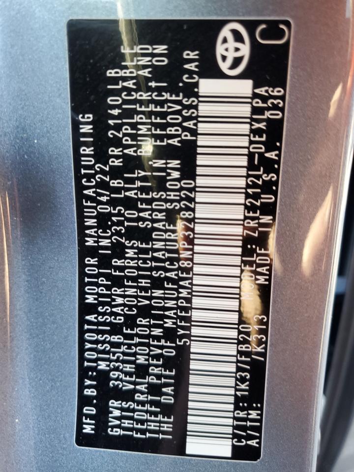 2022 TOYOTA COROLLA LE VIN:5YFEPMAE8NP328220